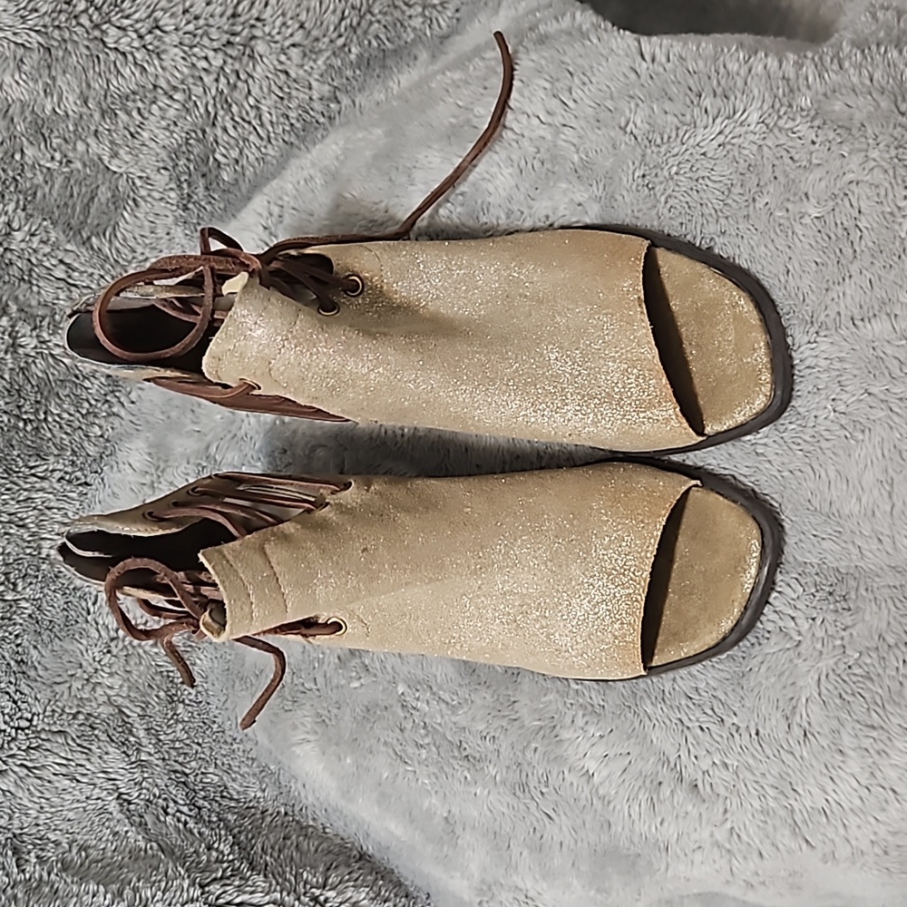 OTBT Beige Suede Open-Toe Ankle Booties with Brown Laces
